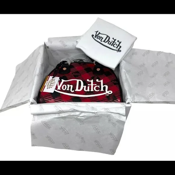 VON DUTCH Red and Black Plaid Mini Bowling Bag - Picture 2 of 11